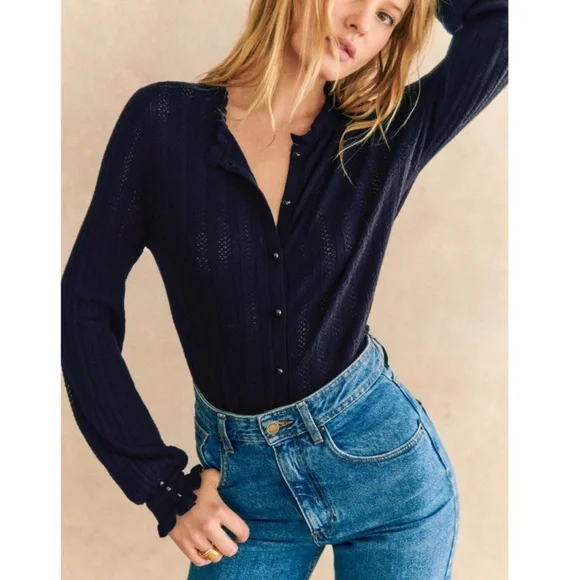 BEST Sezane Louis Cardigan - Navy Blue Knit Sweater French Causal Soft - Picture 3 of 9